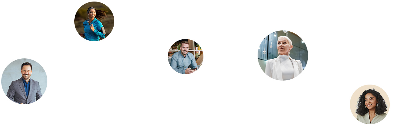 Circular portraits of five different smiling people