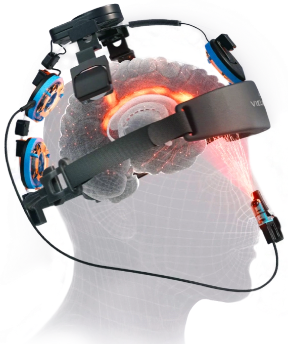 A 3D illustration of a Vielight photobiomodulation headset on a translucent head, with transcranial light pads and an intranasal applicator emitting red light into the brain
