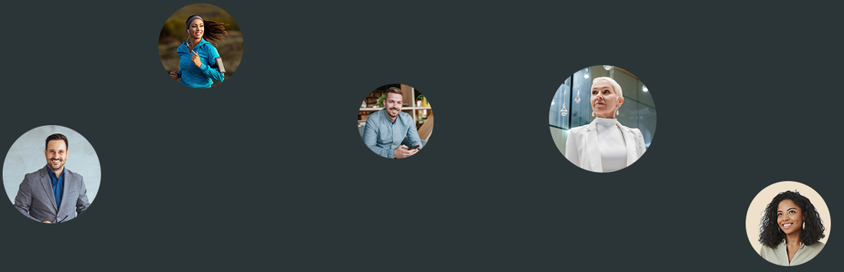 Circular portraits of five different smiling people scattered across a grey background