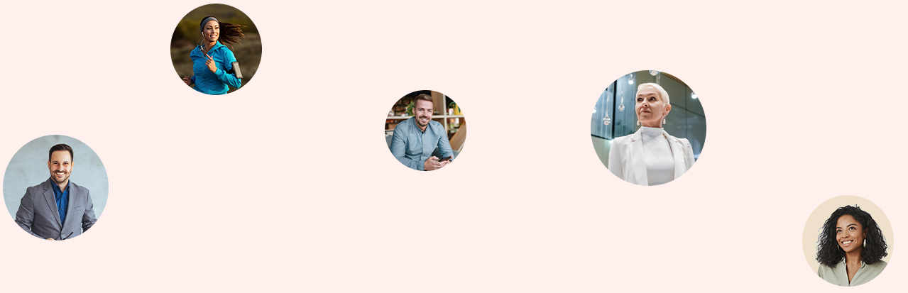 Circular portraits of five different smiling people scattered across a pale pink background
